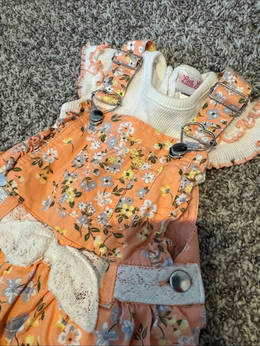 Little Lass Peach Floral Ruffle Overall Dress with Lace Bow